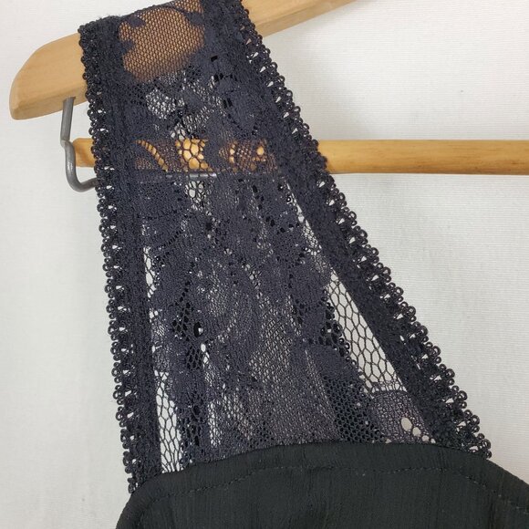 Royal Bones Black Sheer Chiffon Lace Strap Faux Leather Waistband High Low Dress - Picture 5 of 16